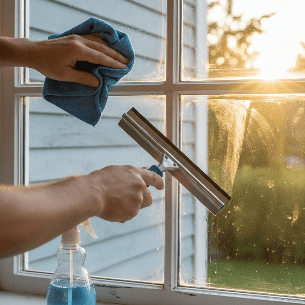 Professional window cleaner polishing residential home window with squeegee, showing crystal-clear glass reflection in bright natural sunlight